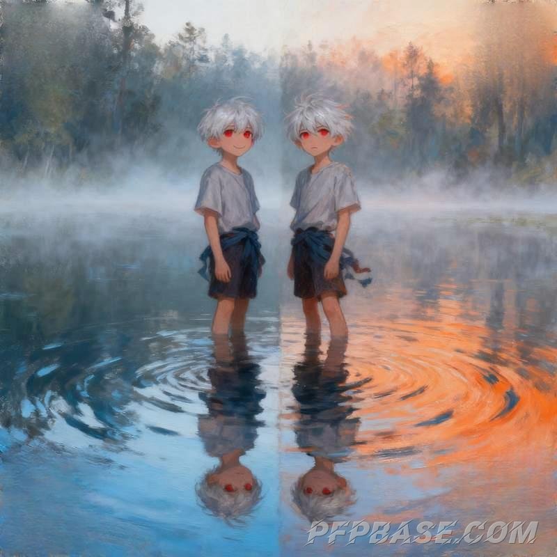 Image 4: anime boy, nebula spirit, feather mask, desert youth, church light and shadow, lake reflection