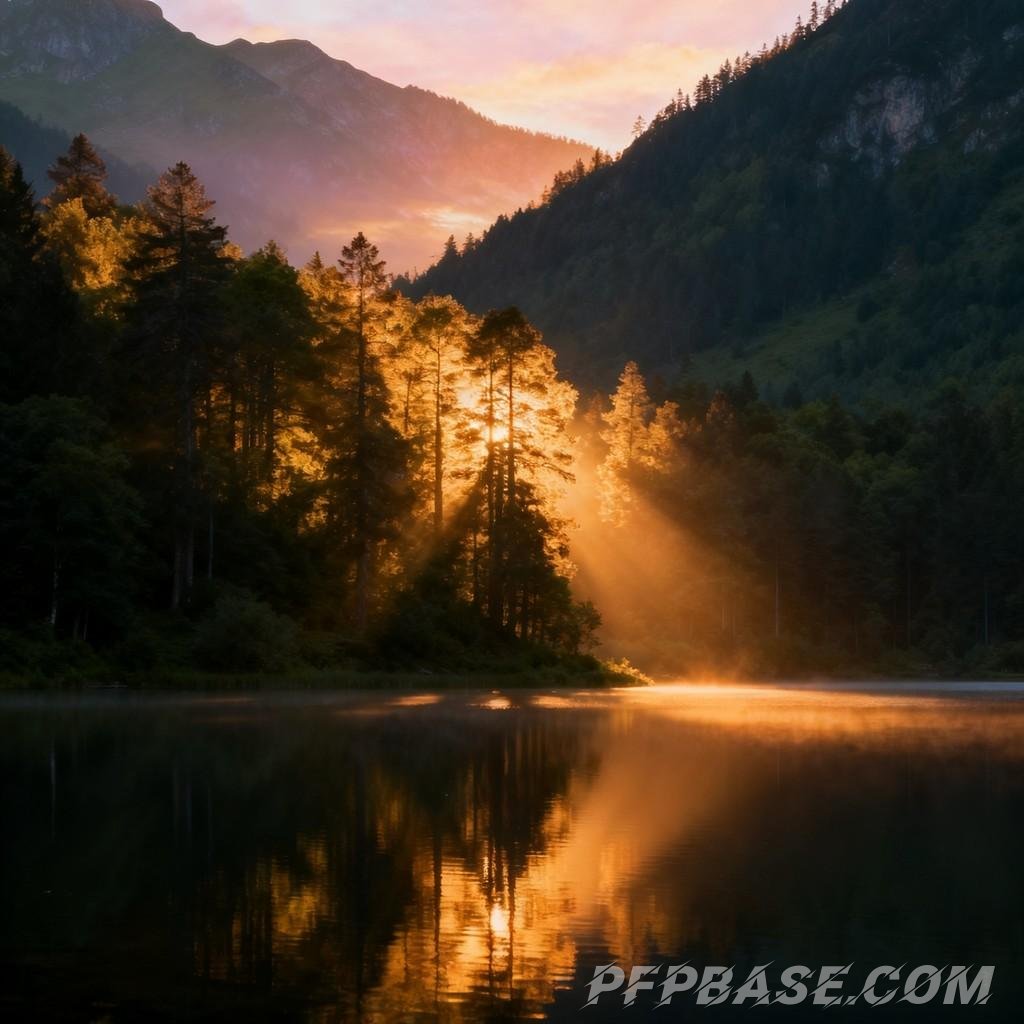 Image 3: dreamlike, nature, play of light and shadow, lakeside, serene