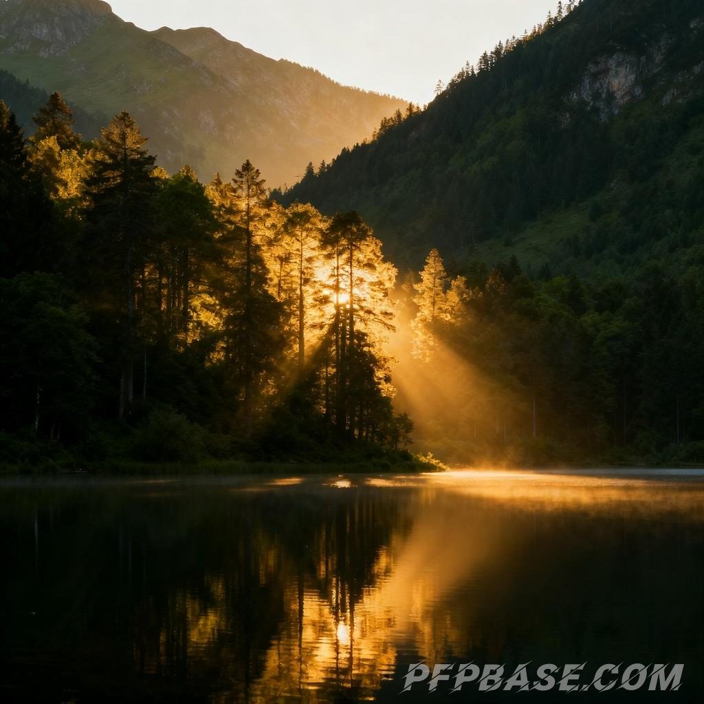 Image 4: dreamlike, nature, play of light and shadow, lakeside, serene