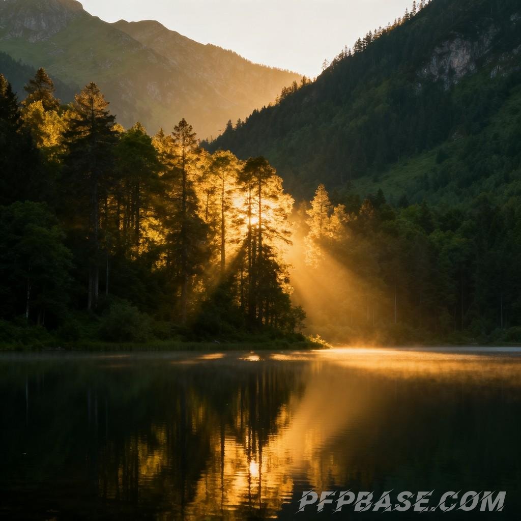 Image 6: dreamlike, nature, play of light and shadow, lakeside, serene