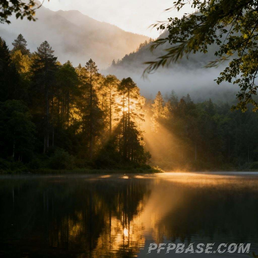Image 8: dreamlike, nature, play of light and shadow, lakeside, serene