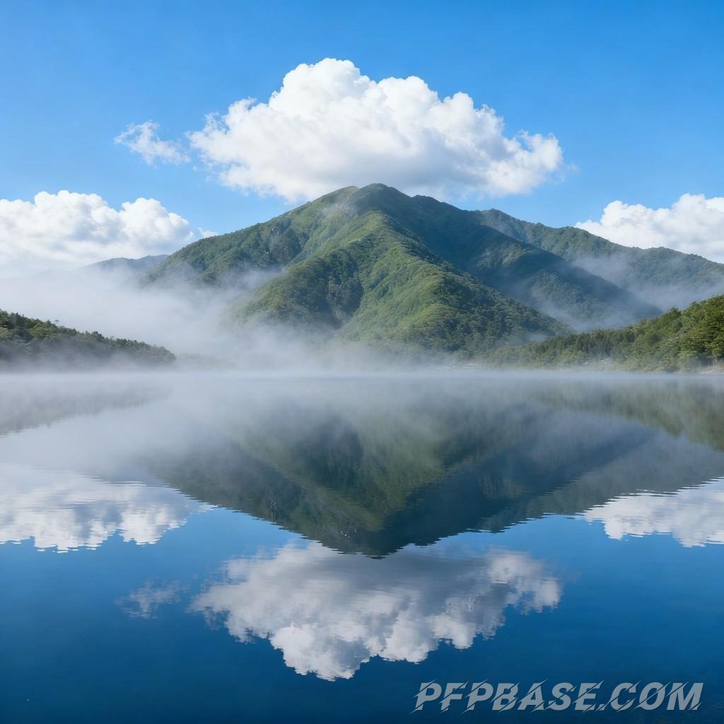 Image 4: lake and mountain scenery, emerald forest, towering peaks, morning mist, sunset glow