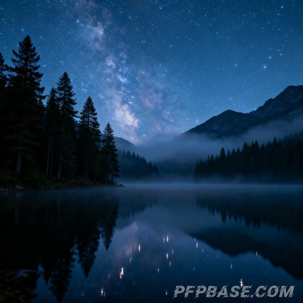 Image 1: starlit sky, serene lake, dense forest, misty veil, rolling mountains