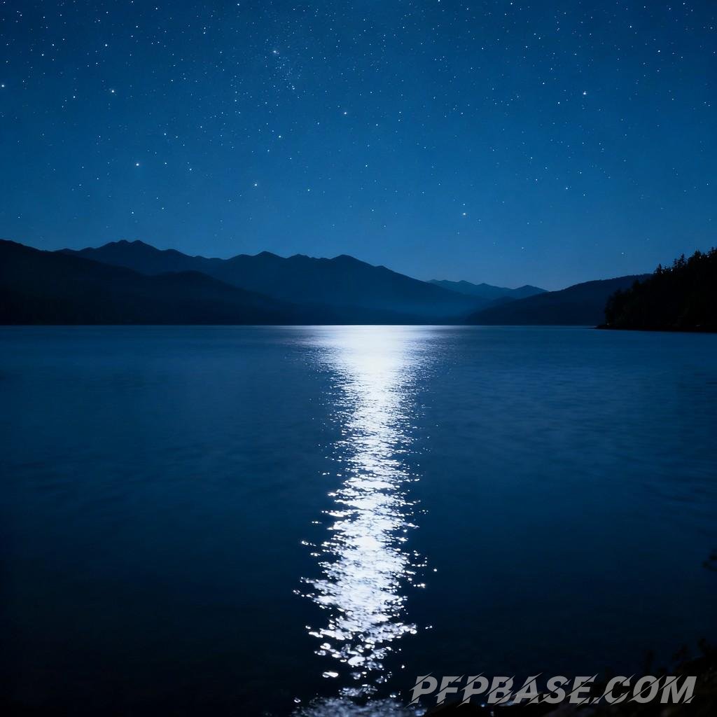 Image 3: starlit sky, serene lake, dense forest, misty veil, rolling mountains