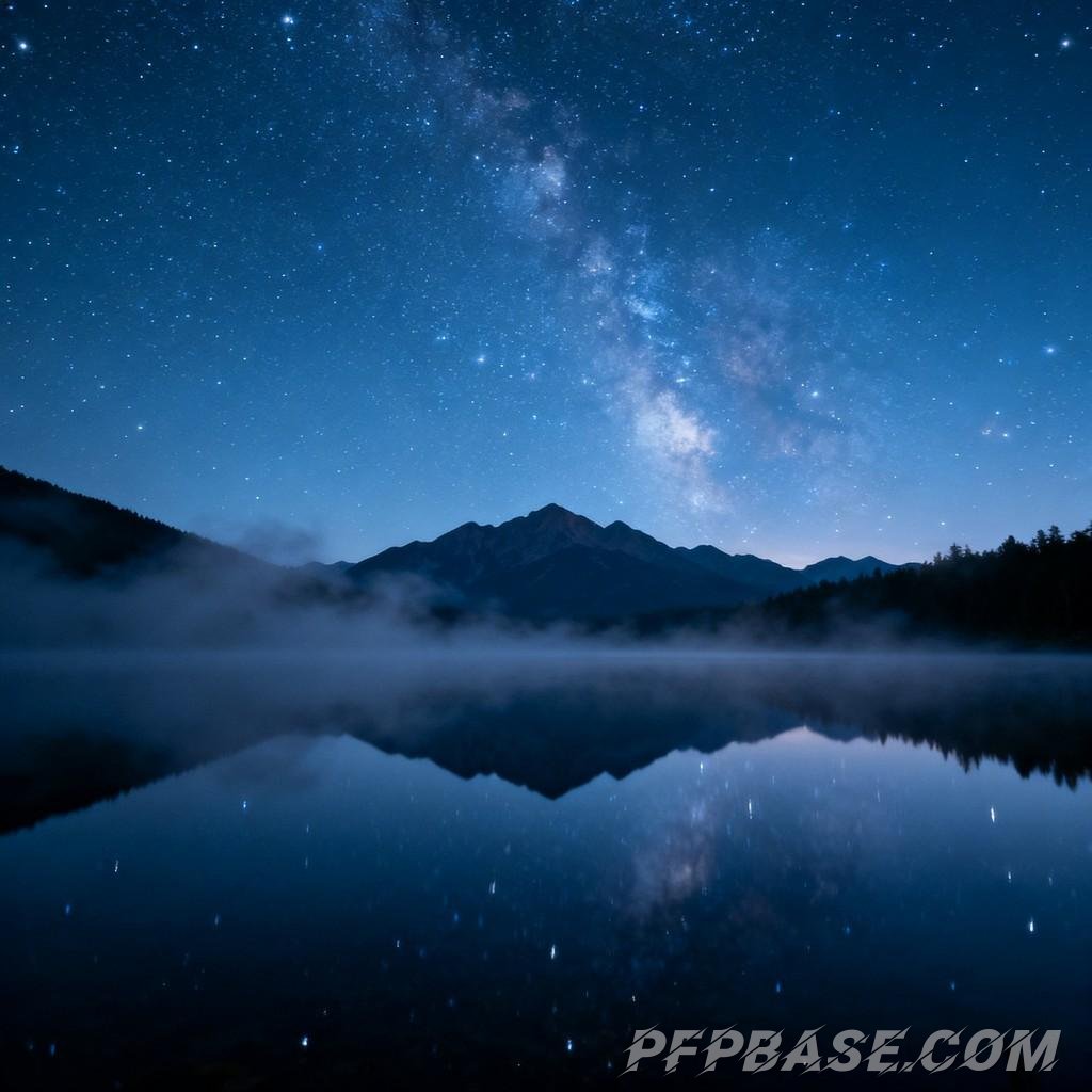 Image 4: starlit sky, serene lake, dense forest, misty veil, rolling mountains