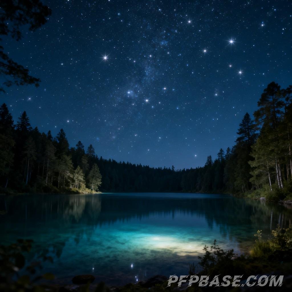 Image 5: starlit sky, serene lake, dense forest, misty veil, rolling mountains