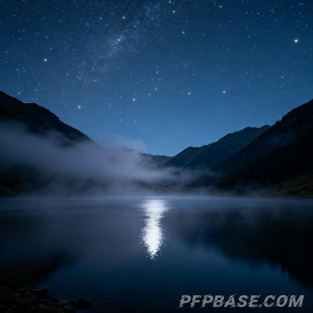 Image 6: starlit sky, serene lake, dense forest, misty veil, rolling mountains
