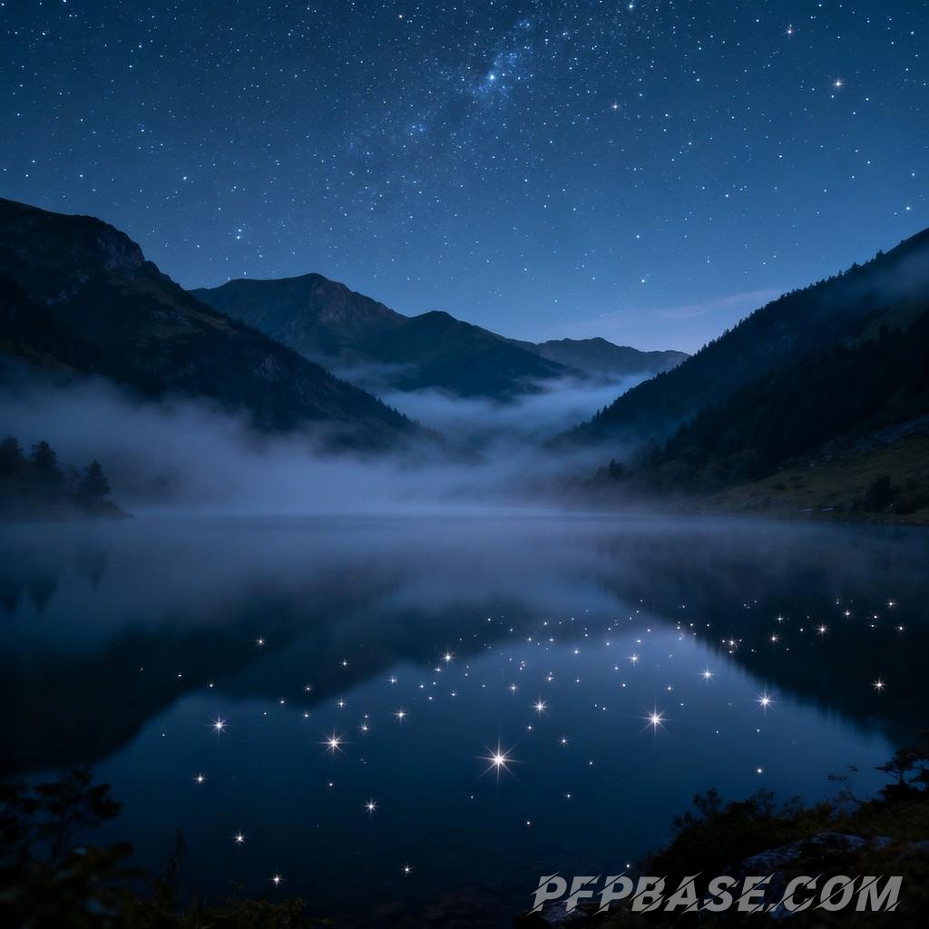 Image 7: starlit sky, serene lake, dense forest, misty veil, rolling mountains