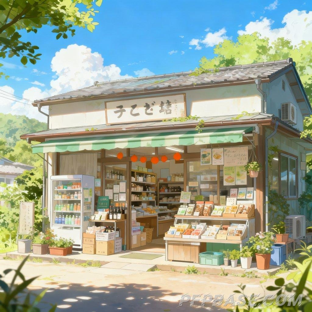 Image 1: Japanese anime, small grocery store, sunny day, fresh and serene, soothing feel