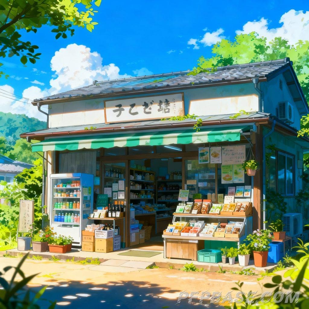 Image 3: Japanese anime, small grocery store, sunny day, fresh and serene, soothing feel
