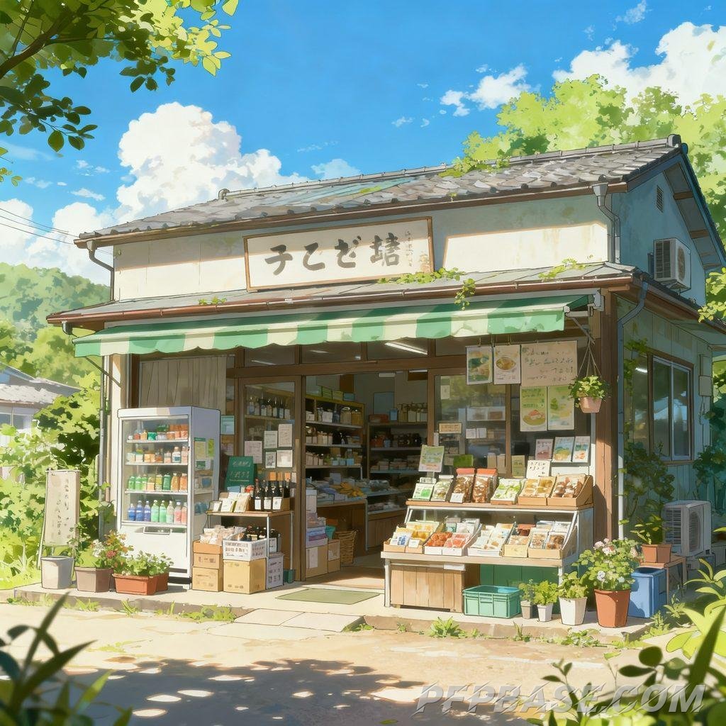 Image 4: Japanese anime, small grocery store, sunny day, fresh and serene, soothing feel