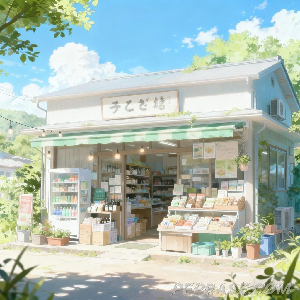 Image 5: Japanese anime, small grocery store, sunny day, fresh and serene, soothing feel