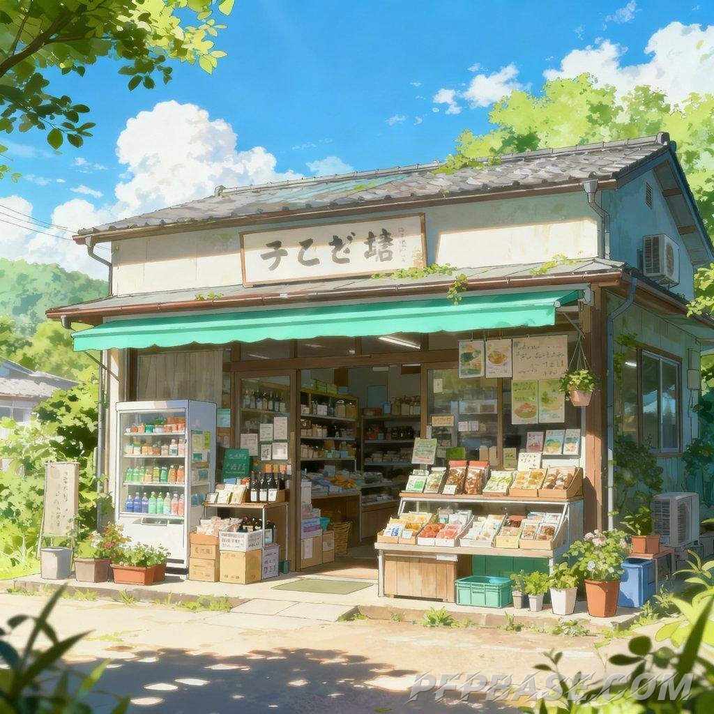 Image 6: Japanese anime, small grocery store, sunny day, fresh and serene, soothing feel