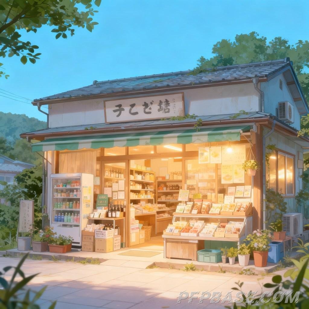 Image 8: Japanese anime, small grocery store, sunny day, fresh and serene, soothing feel