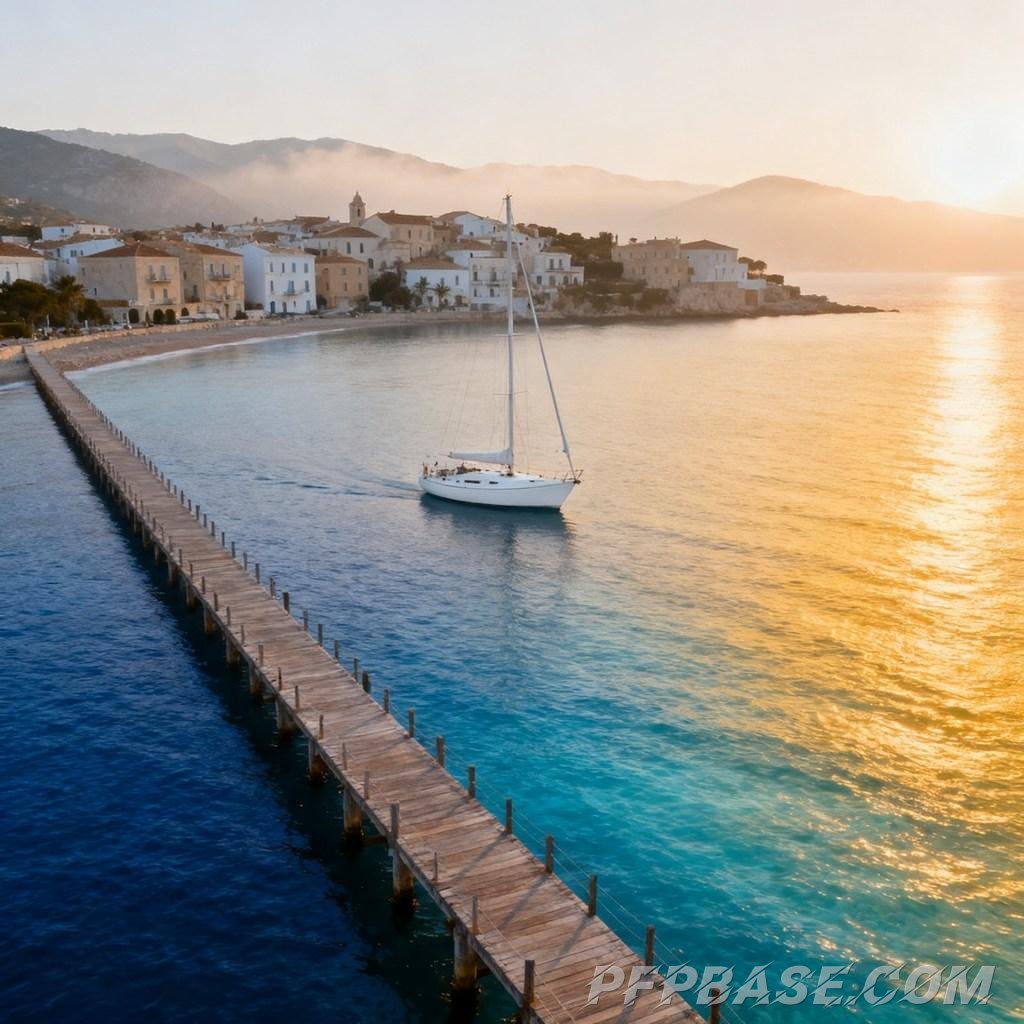 Image 7: coastal sunrise, tranquil shore, dawn beauty, twilight beach, enchanting bay