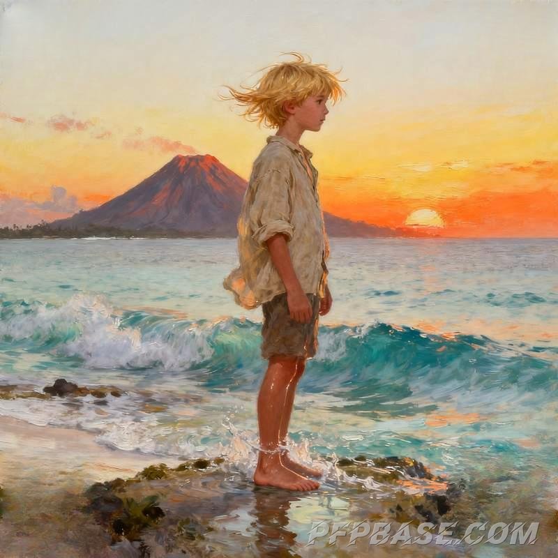 Image 1: anime male head, stormy cliff, graffiti city, misty forest, subway night ride, island sunrise