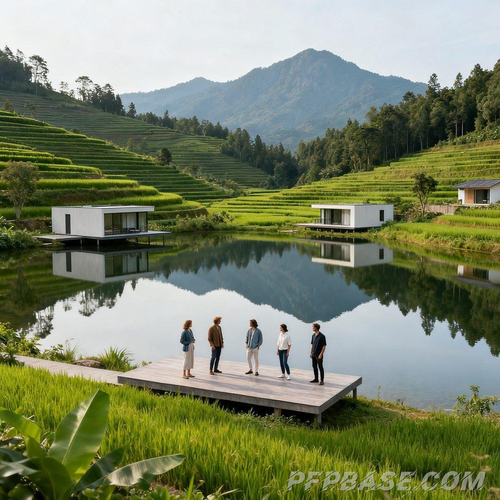 Image 1: serene lake, terraced tea gardens, misty mountain peaks, scenic overlook, Western tourists