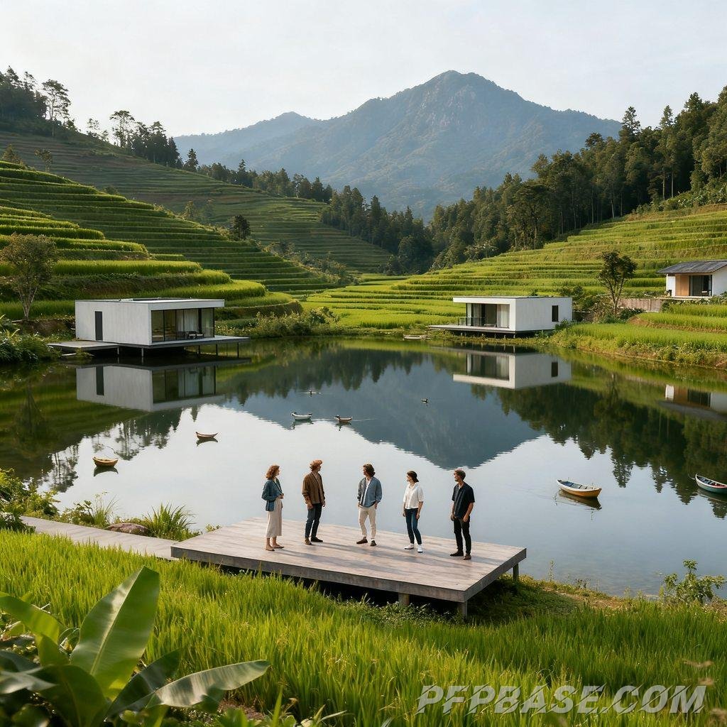 Image 2: serene lake, terraced tea gardens, misty mountain peaks, scenic overlook, Western tourists