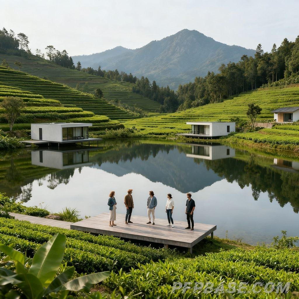 Image 4: serene lake, terraced tea gardens, misty mountain peaks, scenic overlook, Western tourists