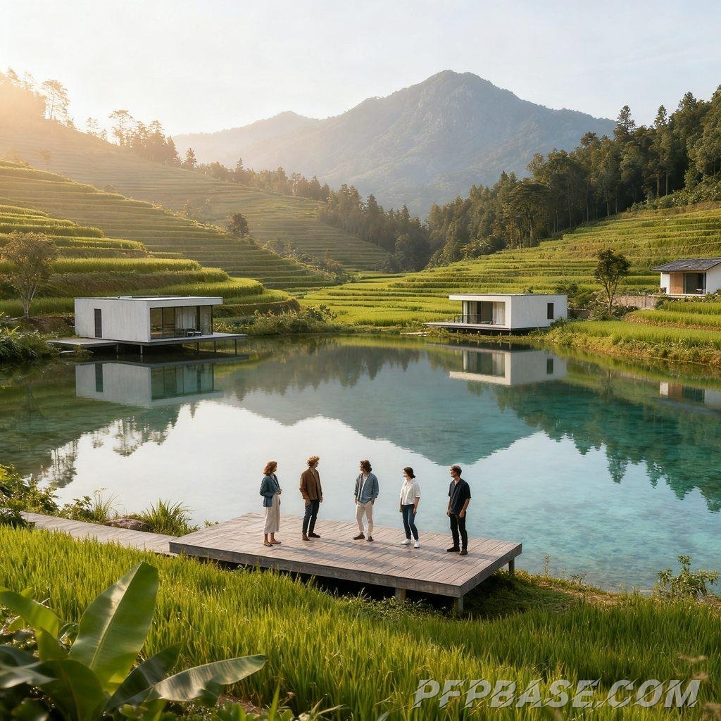 Image 5: serene lake, terraced tea gardens, misty mountain peaks, scenic overlook, Western tourists