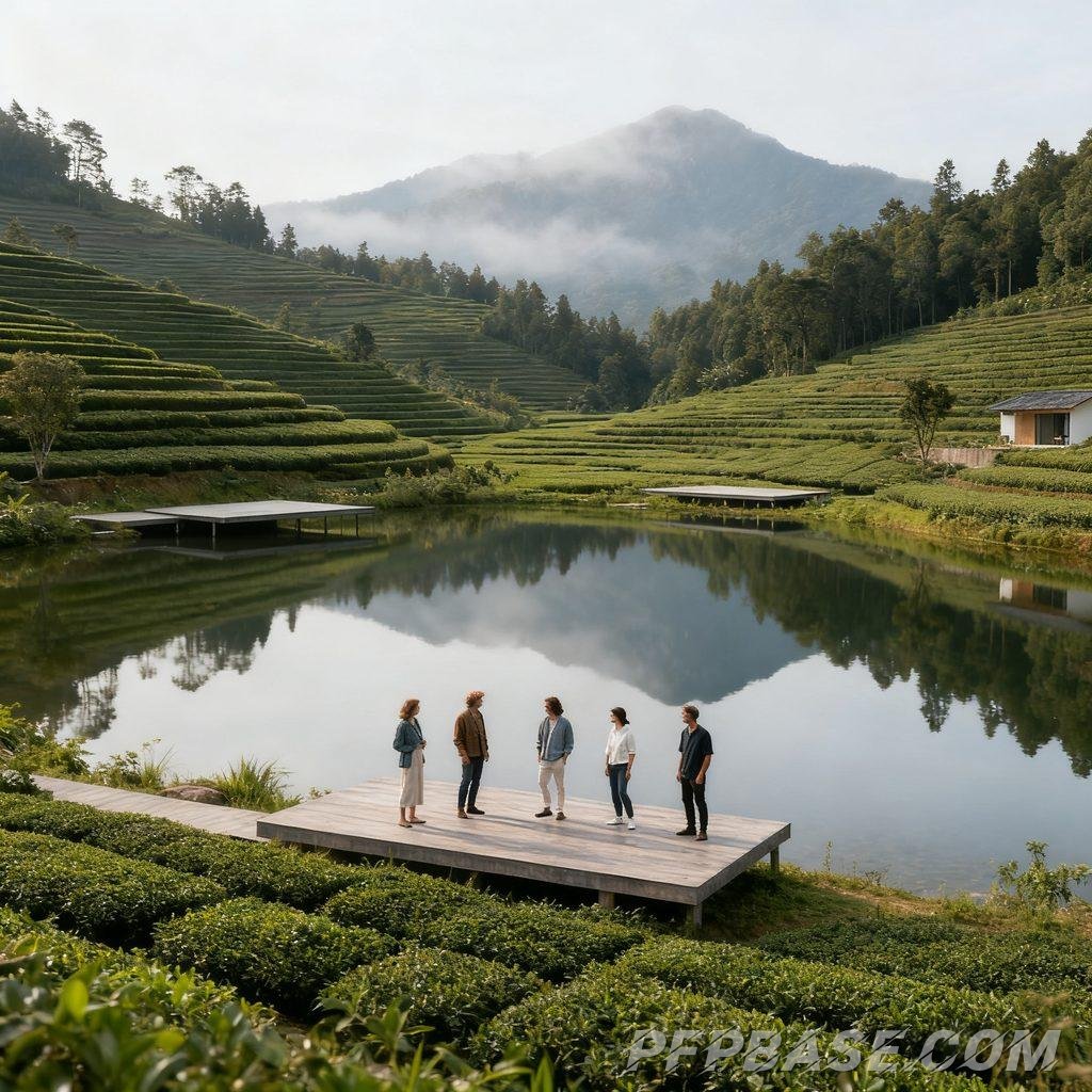 Image 7: serene lake, terraced tea gardens, misty mountain peaks, scenic overlook, Western tourists