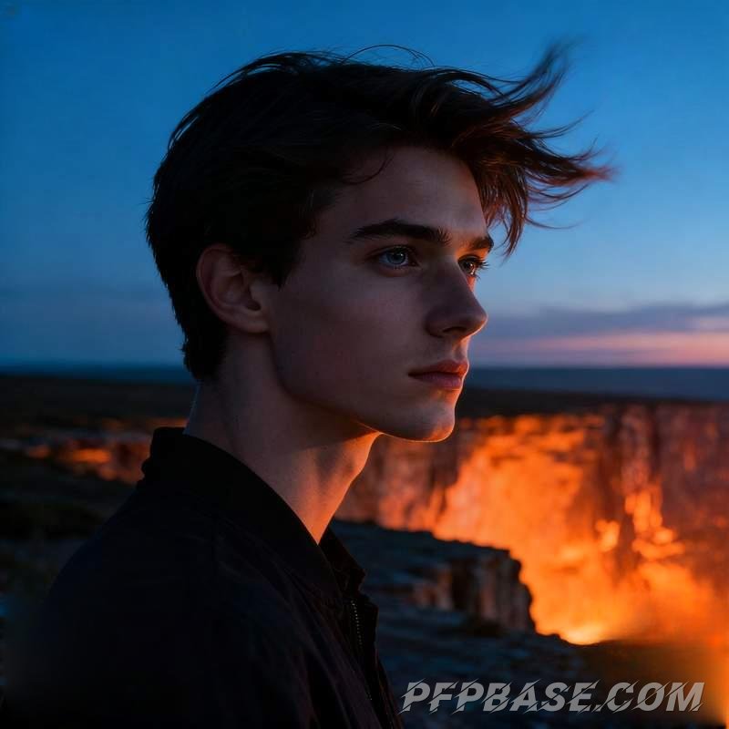 Image 2: man, cliff, dark forest, red earth plain, glacier, star trail