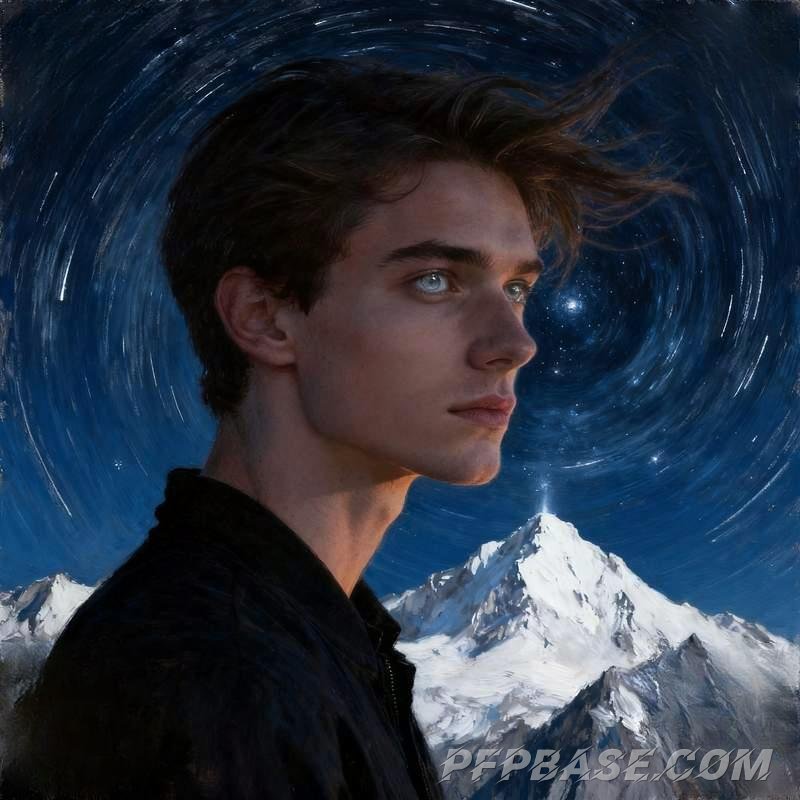 Image 3: man, cliff, dark forest, red earth plain, glacier, star trail