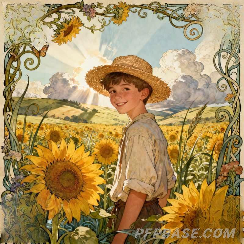 Image 6: sunlit boy, wheat field, lakeside, forest path, flower sea, stream