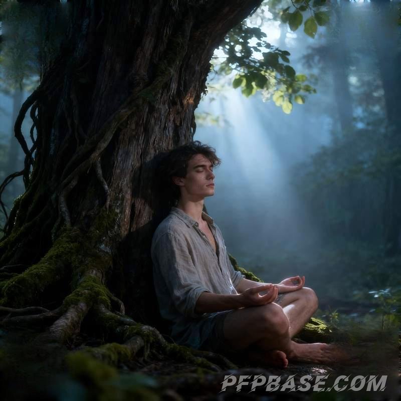 Image 3: man on cliff, forest meditation, city rooftop, wilderness stone pile, glass dome, dreamy youth