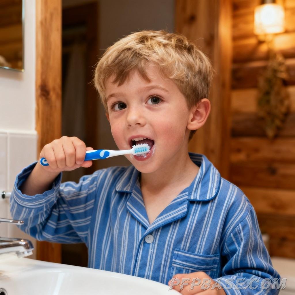 Image 2: blonde little girl, toothbrushing little boy, V sign, stifling giggle, snack bucket