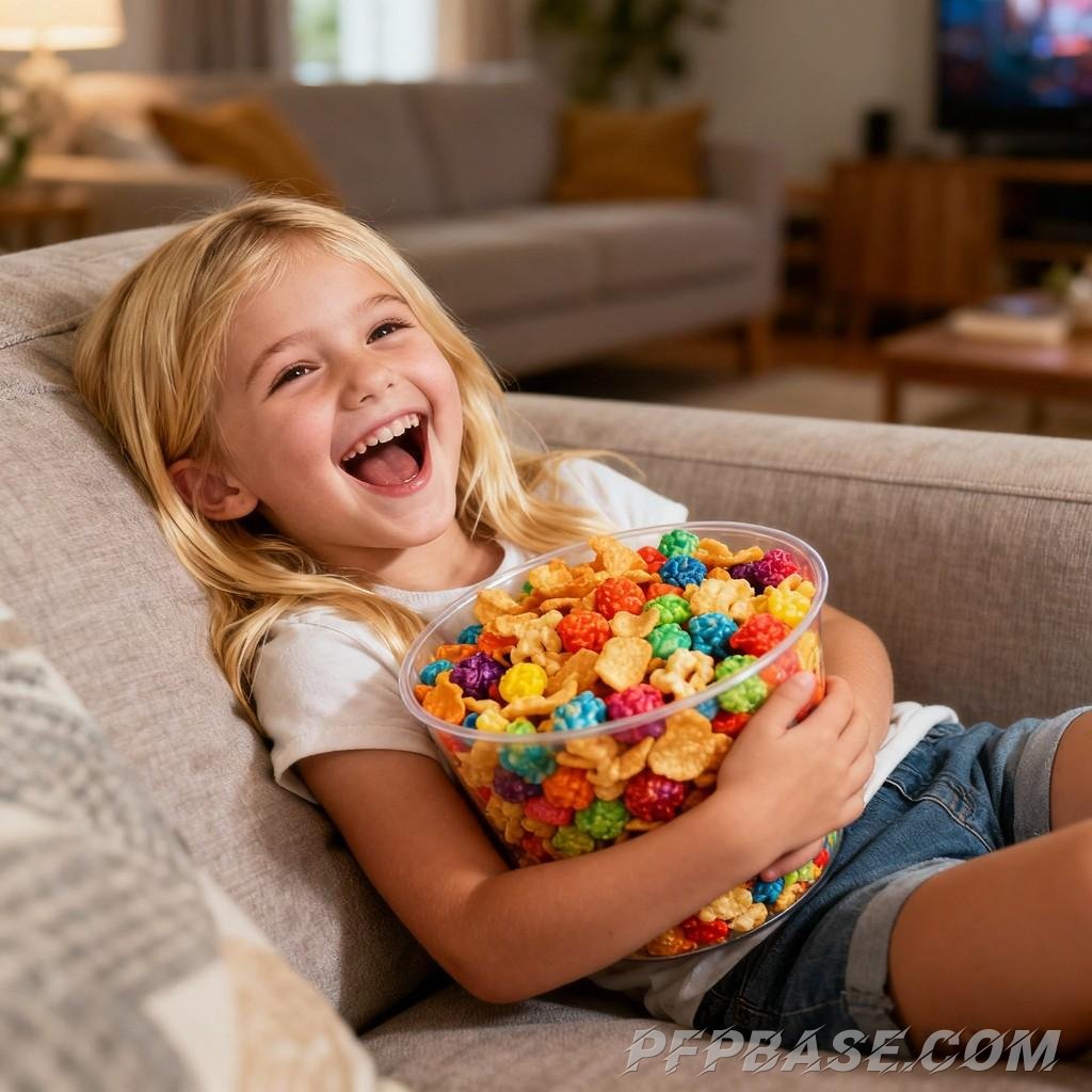 Image 3: blonde little girl, toothbrushing little boy, V sign, stifling giggle, snack bucket