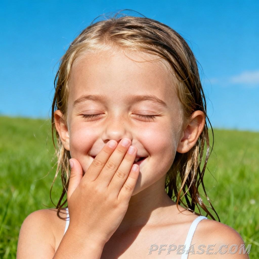 Image 7: blonde little girl, toothbrushing little boy, V sign, stifling giggle, snack bucket