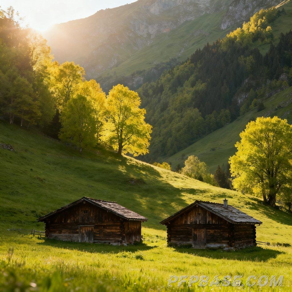 Image 2: serenity, mountain valley, wooden cabin, sunlight, poetic charm