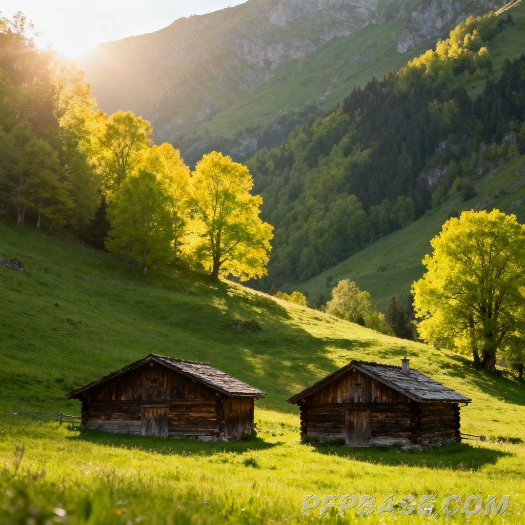 Image 3: serenity, mountain valley, wooden cabin, sunlight, poetic charm