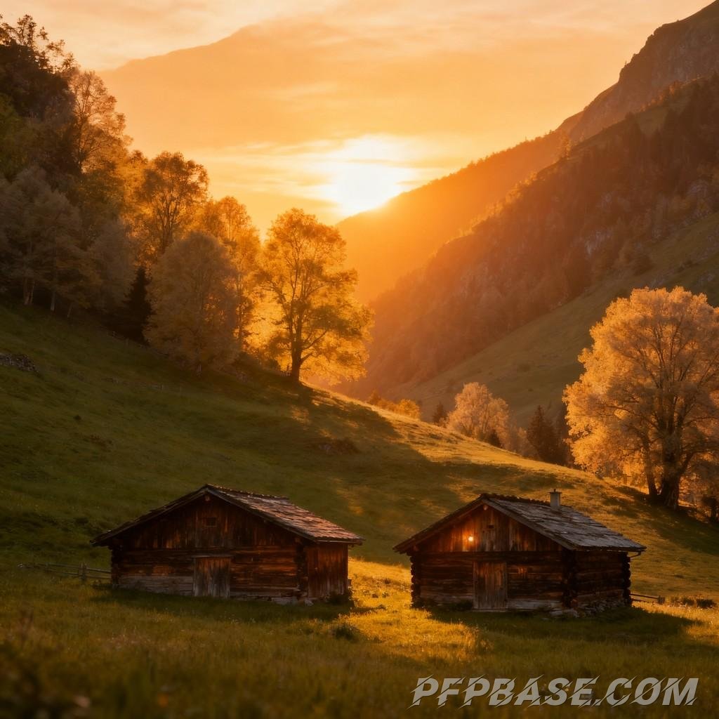 Image 5: serenity, mountain valley, wooden cabin, sunlight, poetic charm