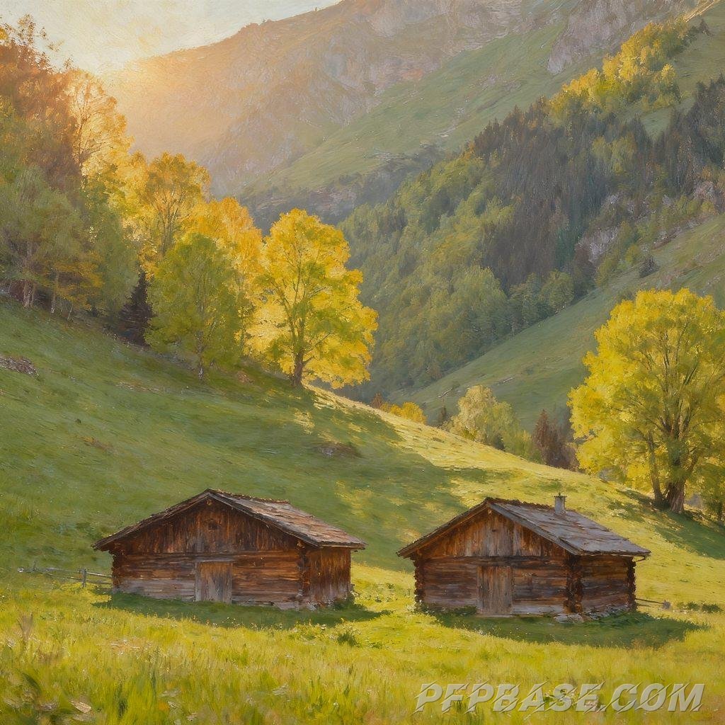 Image 6: serenity, mountain valley, wooden cabin, sunlight, poetic charm