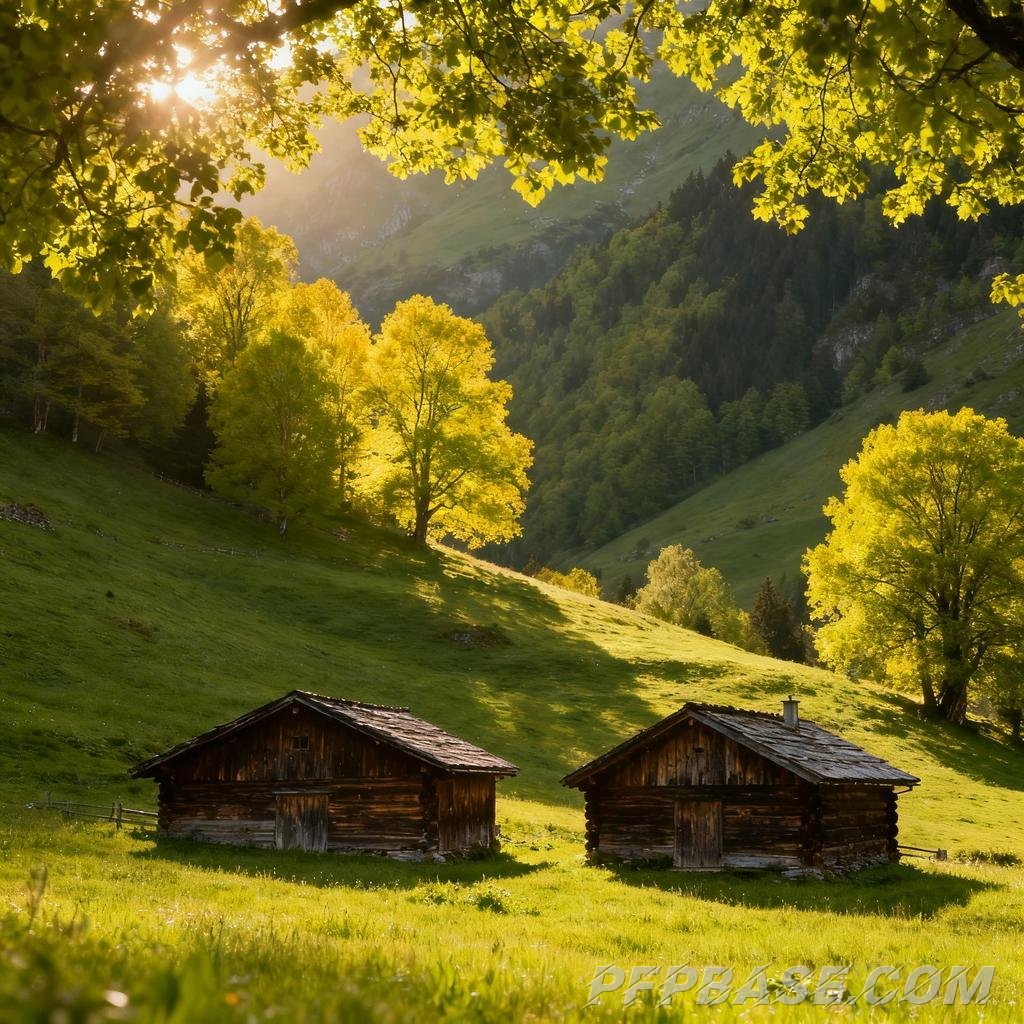 Image 7: serenity, mountain valley, wooden cabin, sunlight, poetic charm