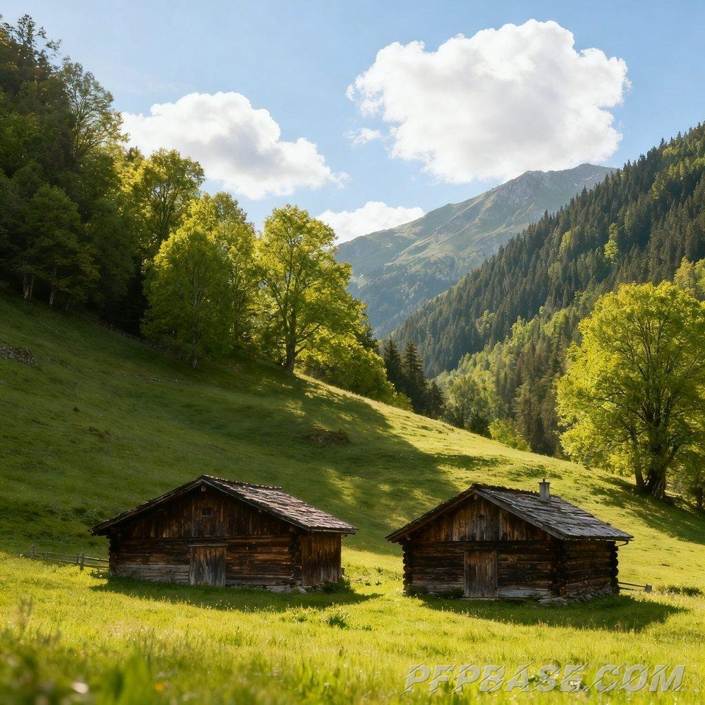 Image 8: serenity, mountain valley, wooden cabin, sunlight, poetic charm