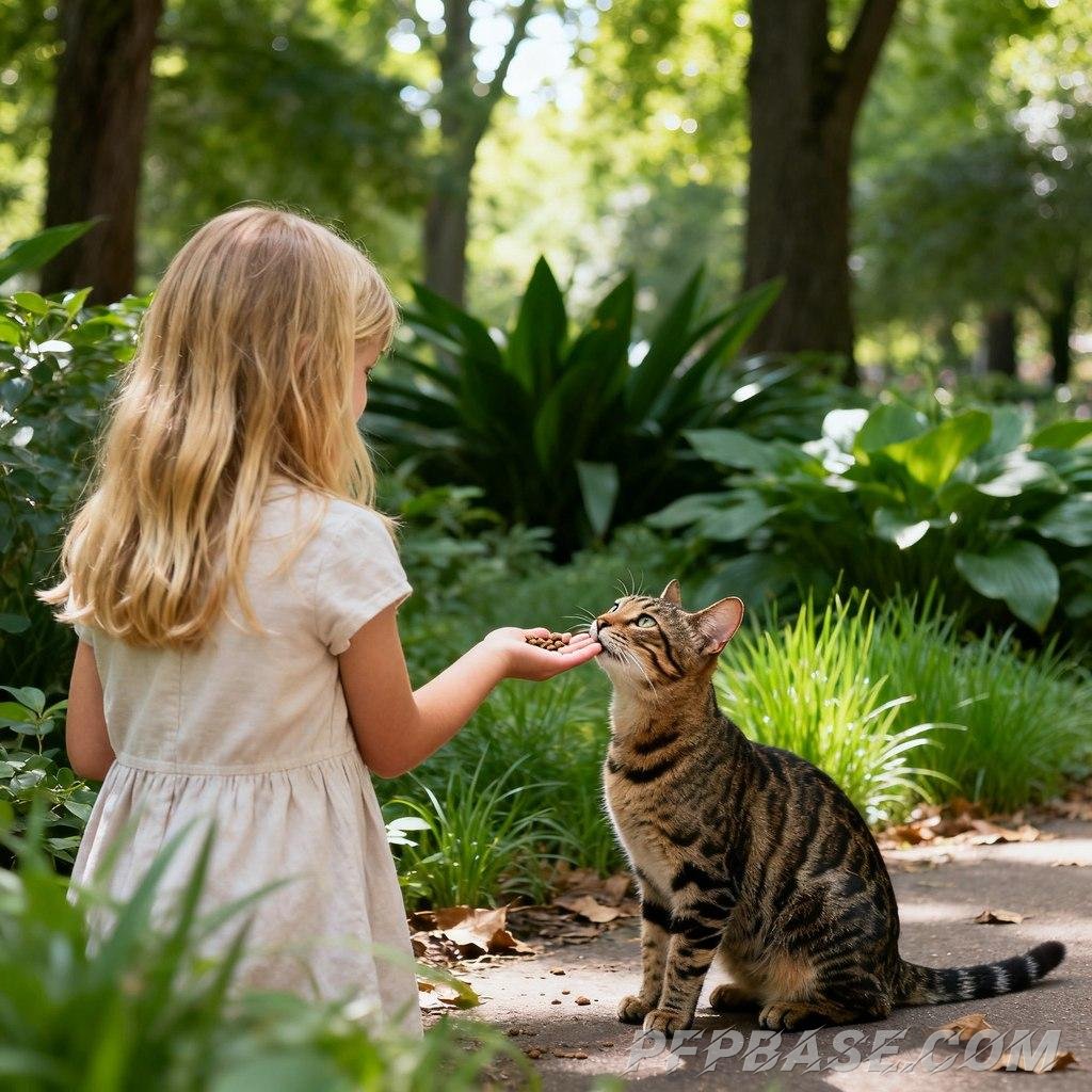 Image 4: pastoral freshness, park cat feeding, street style, urban scene, cute pet therapy, cinematic street