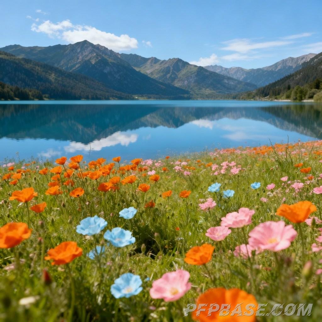 Image 1: hidden paradise, natural scenery, sea of flowers, lake and mountain views, dreamlike beauty