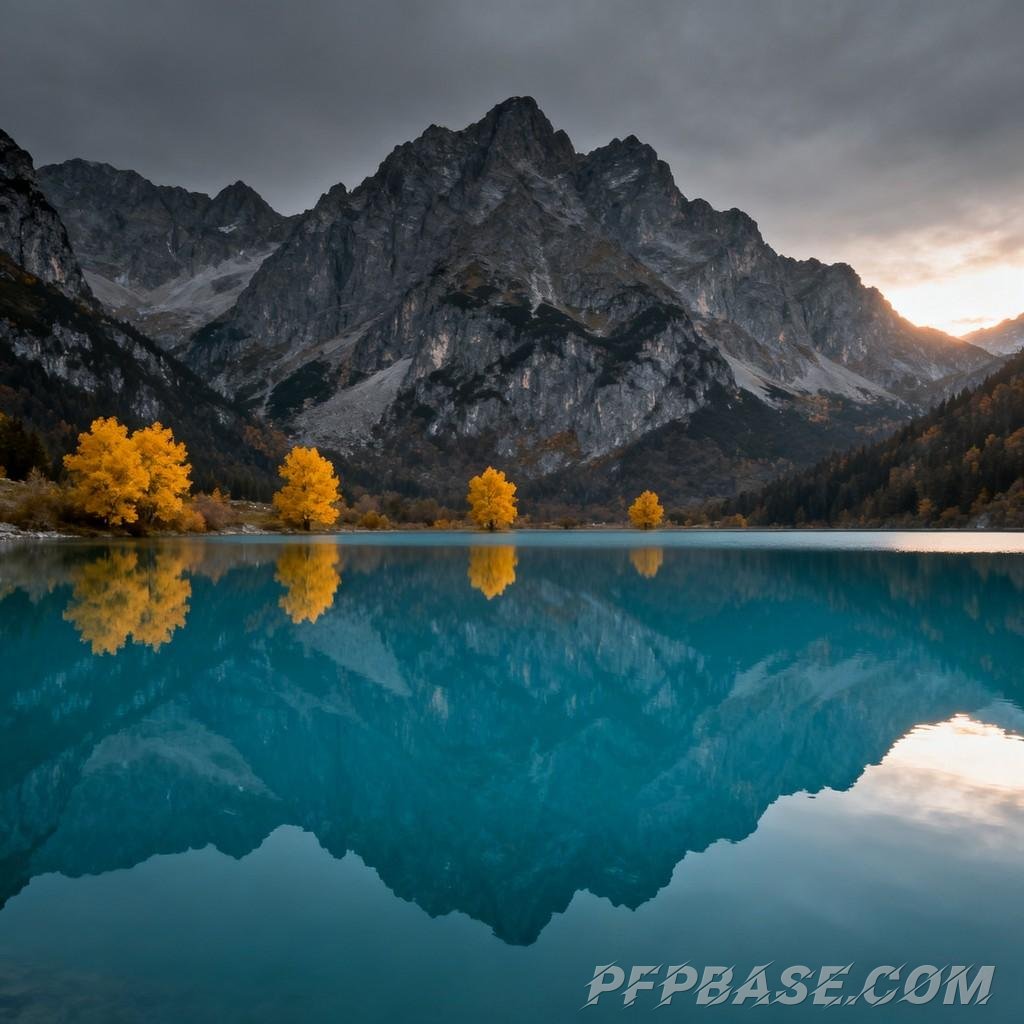 Image 1: turquoise lake, rugged mountains, golden autumn leaves, calm lake surface, mist-shrouded