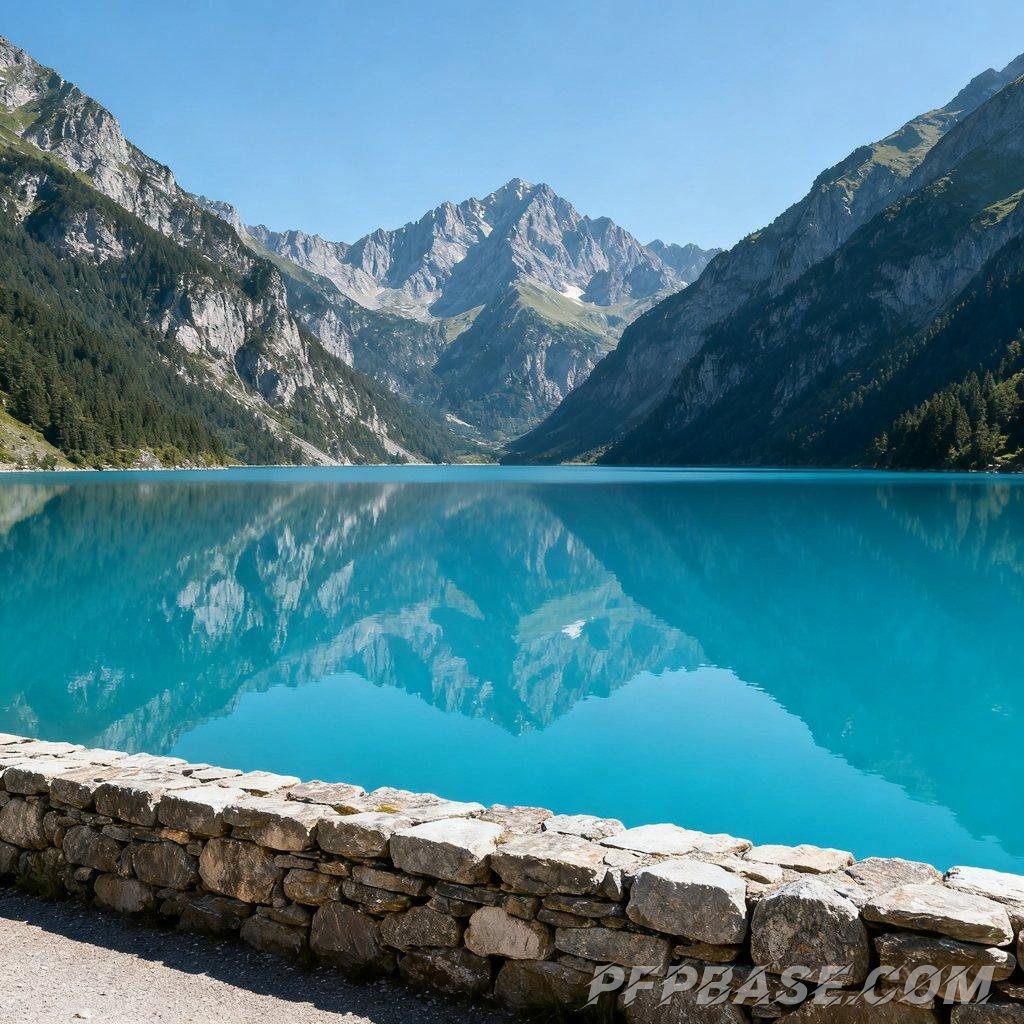 Image 2: turquoise lake, rugged mountains, golden autumn leaves, calm lake surface, mist-shrouded