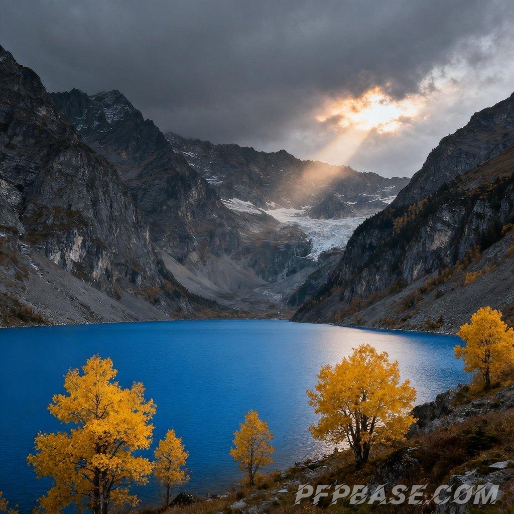 Image 4: turquoise lake, rugged mountains, golden autumn leaves, calm lake surface, mist-shrouded