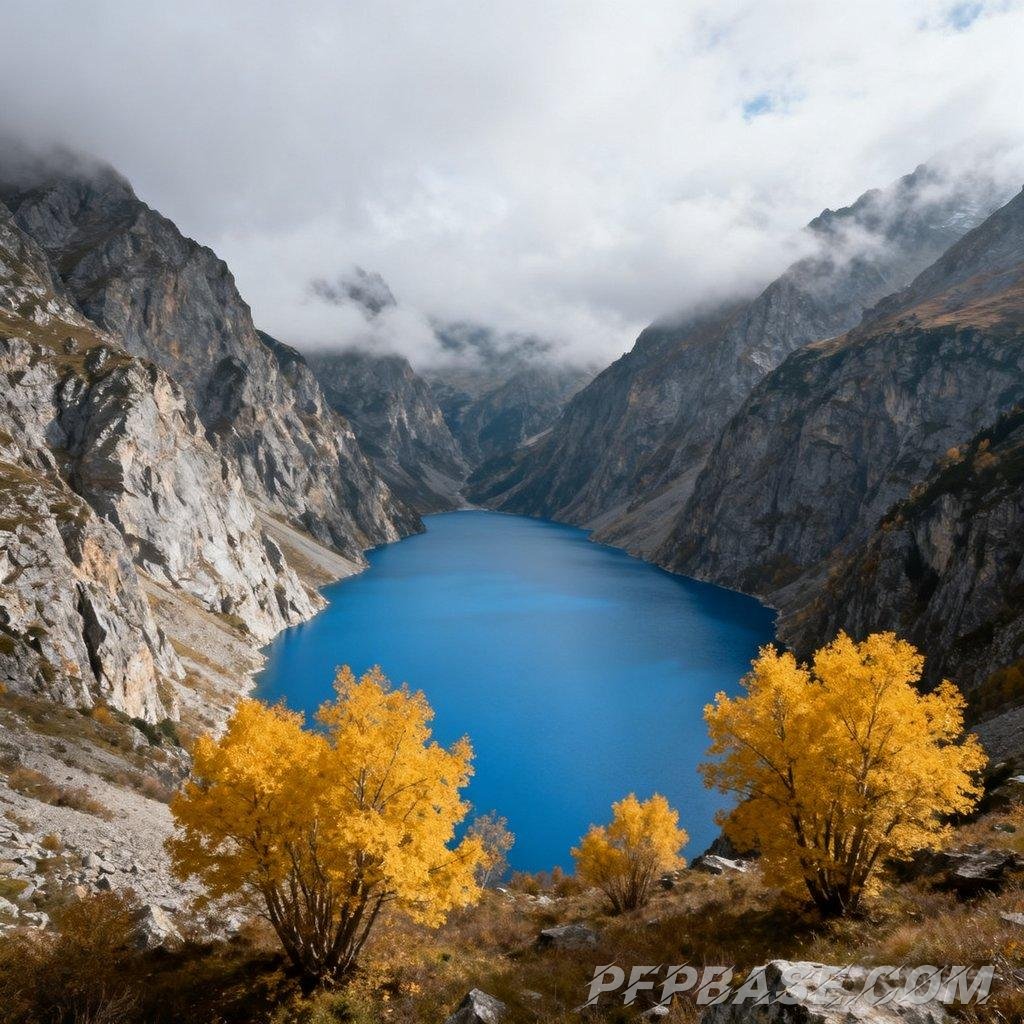 Image 5: turquoise lake, rugged mountains, golden autumn leaves, calm lake surface, mist-shrouded