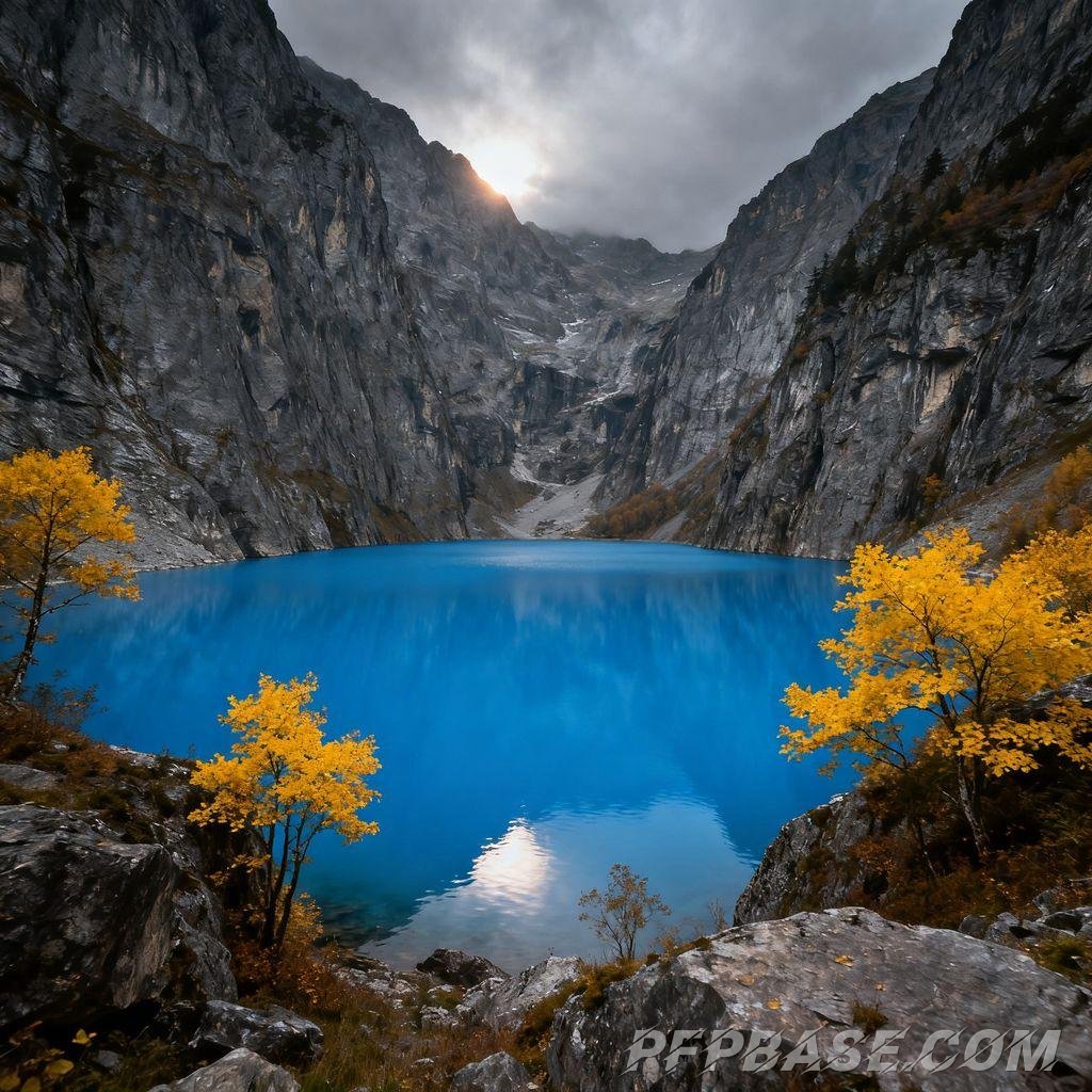 Image 6: turquoise lake, rugged mountains, golden autumn leaves, calm lake surface, mist-shrouded