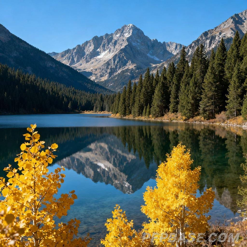Image 7: turquoise lake, rugged mountains, golden autumn leaves, calm lake surface, mist-shrouded