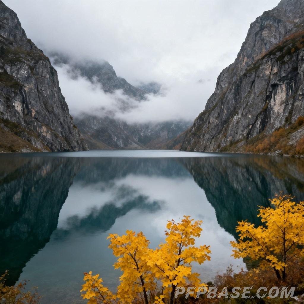 Image 8: turquoise lake, rugged mountains, golden autumn leaves, calm lake surface, mist-shrouded
