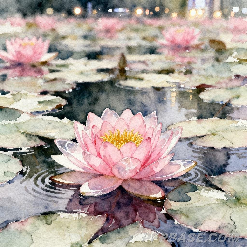 Image 2: dreamy, soothing, pink, water lily, water surface