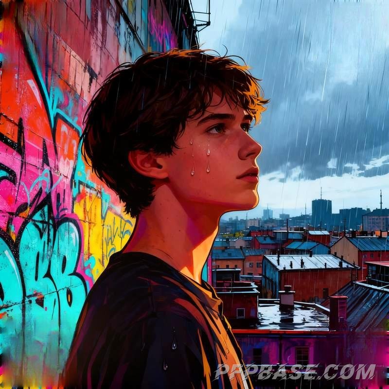 Image 3: young boy, mountain range, graffiti wall, volcano, oasis, data stream