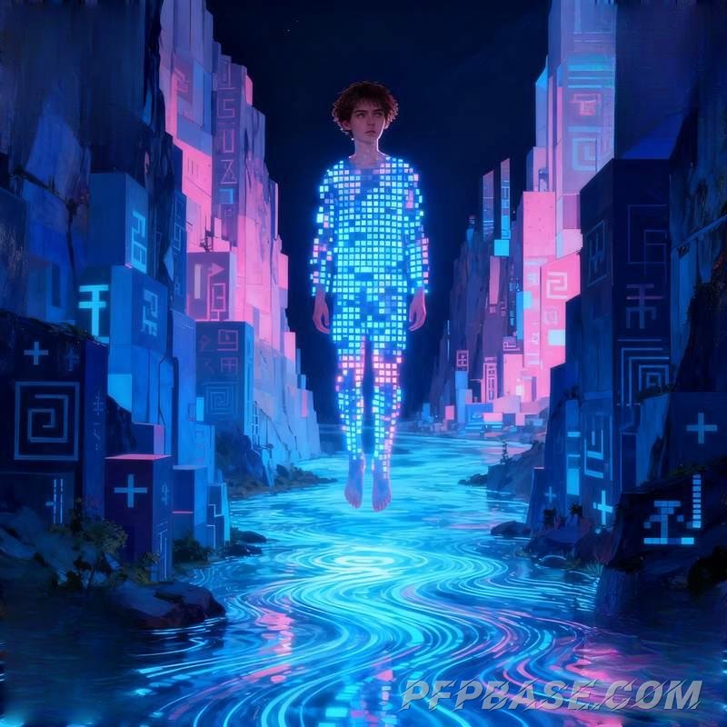 Image 7: young boy, mountain range, graffiti wall, volcano, oasis, data stream